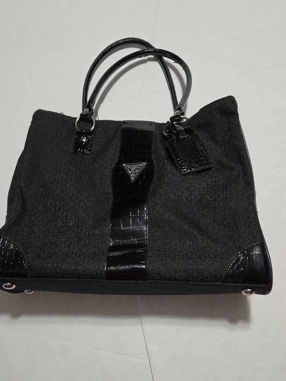 Guess by Marciano Black Logo Jacquard Tote with Patent Trim and Triangle Logo